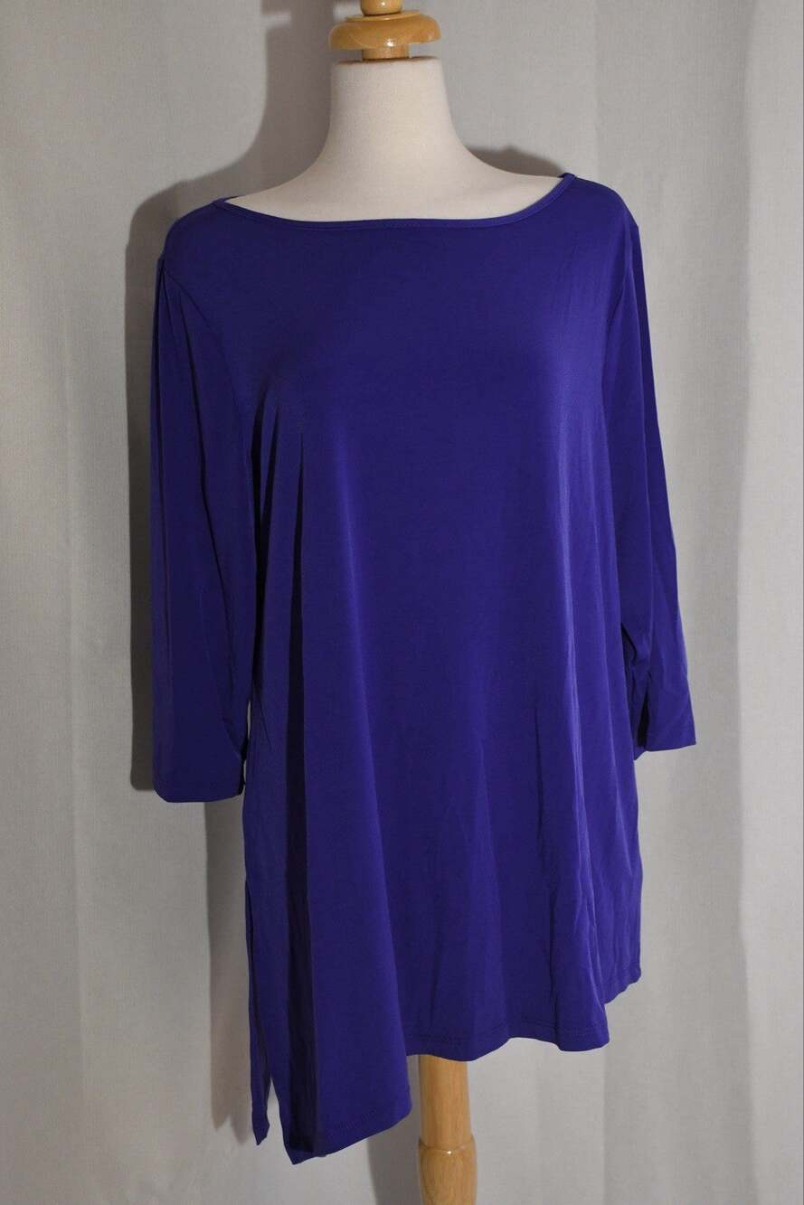 NEW Susan Graver Purple Blue 3/4 Sleeved Round Neck Stretchy Tunic Top 1X